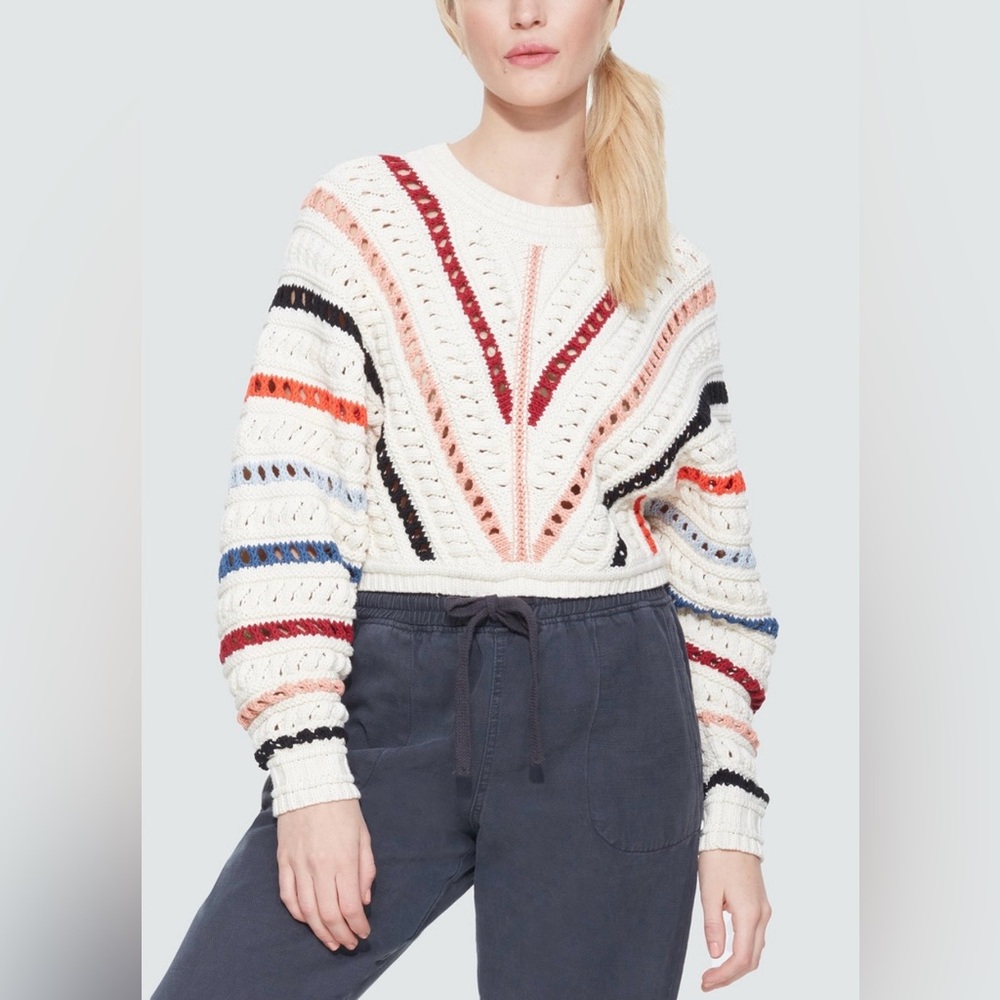 Women’s Black Tape Openwork Crochet Grandma‎ Knit Colorful Crewneck Sweater M.
